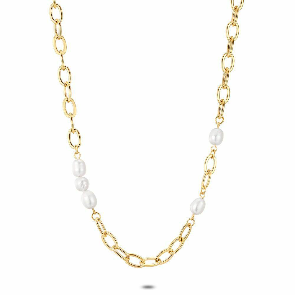 Necklaces | Gold Coloured Stainless Steel Necklace, Oval Links, 5 Pearls Necklaces Necklaces