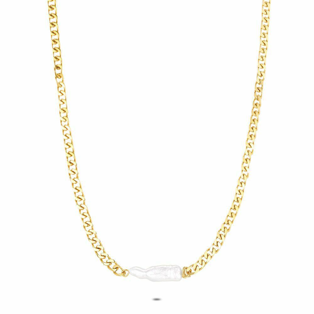 Necklaces | Gold Coloured Stainless Steel Necklace, Oval Pearl Necklaces Necklaces