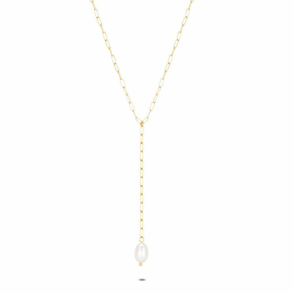 Necklaces | Gold Coloured Stainless Steel Necklace, Oval Pearl Necklaces Necklaces