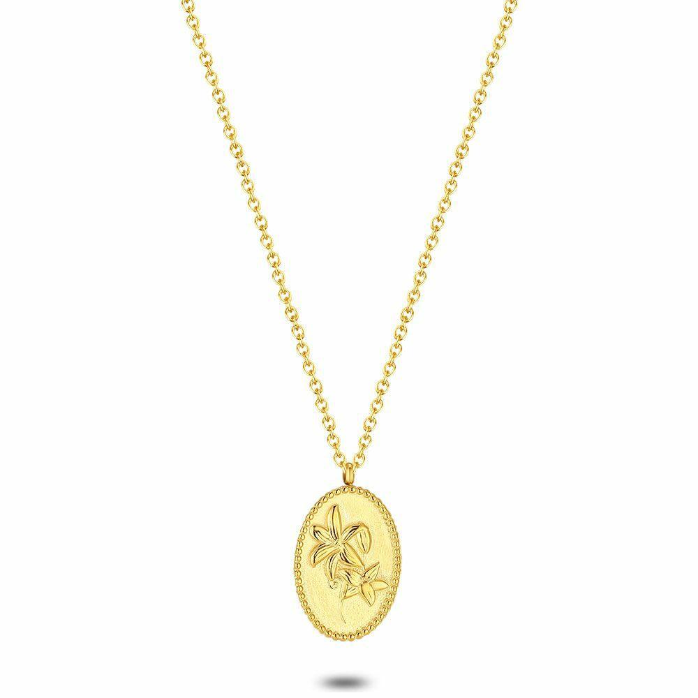 Necklaces | Gold Coloured Stainless Steel Necklace, Oval With Flower Necklaces Necklaces