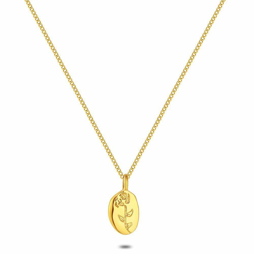 Necklaces | Gold Coloured Stainless Steel Necklace, Oval With Rose, The Length Is Adjustable. Necklaces Necklaces