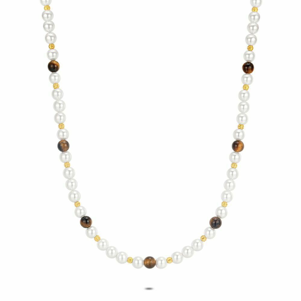 Necklaces | Gold Coloured Stainless Steel Necklace, Pearls And Tiger Eye Necklaces Necklaces