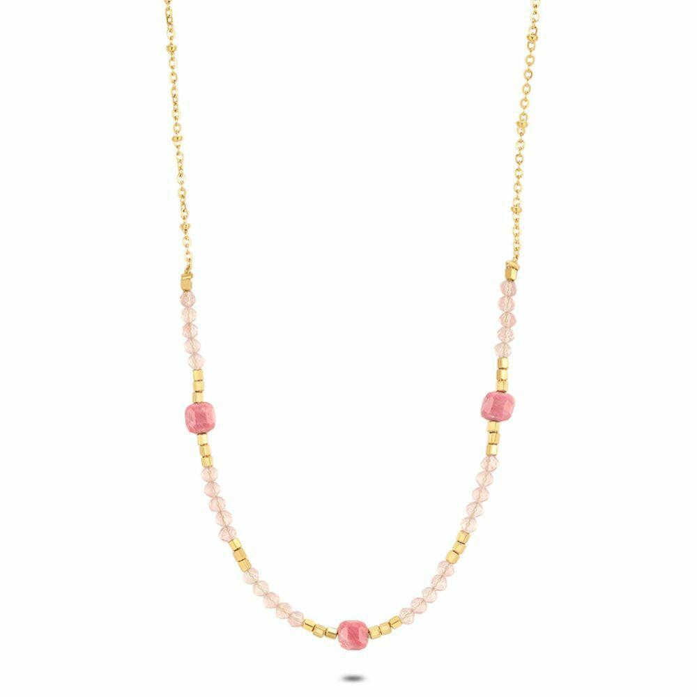 Necklaces | Gold Coloured Stainless Steel Necklace, Pink Stones Necklaces Necklaces