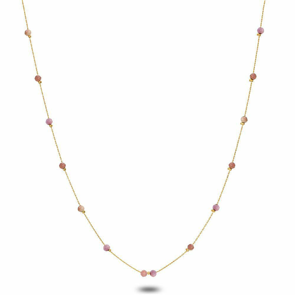 Necklaces | Gold Coloured Stainless Steel Necklace, Pink Stones Necklaces Necklaces