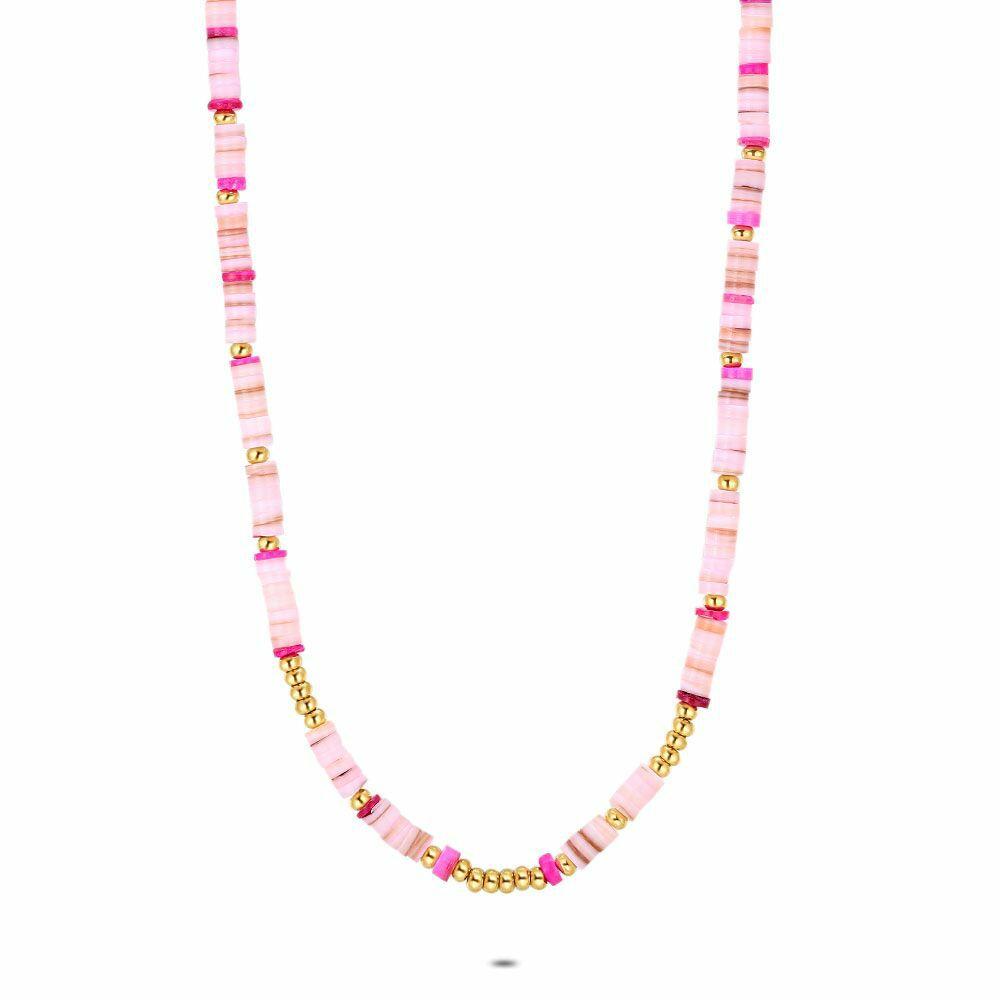 Necklaces | Gold Coloured Stainless Steel Necklace, Pink Stones Necklaces Necklaces