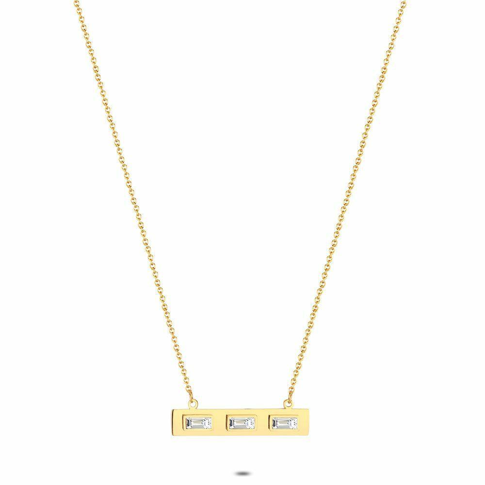 Necklaces | Gold Coloured Stainless Steel Necklace, Rectangle, 3 Crystals Necklaces Necklaces