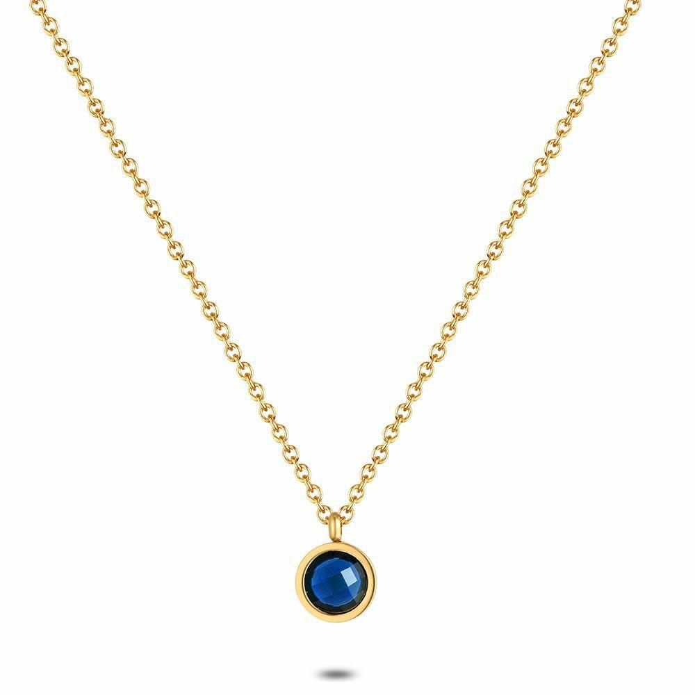 Necklaces | Gold Coloured Stainless Steel Necklace, Round Blue Crystal Necklaces Necklaces