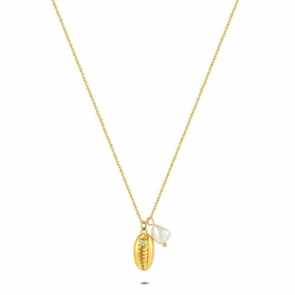 Necklaces | Gold Coloured Stainless Steel Necklace, Shell And Pearl Necklaces Necklaces