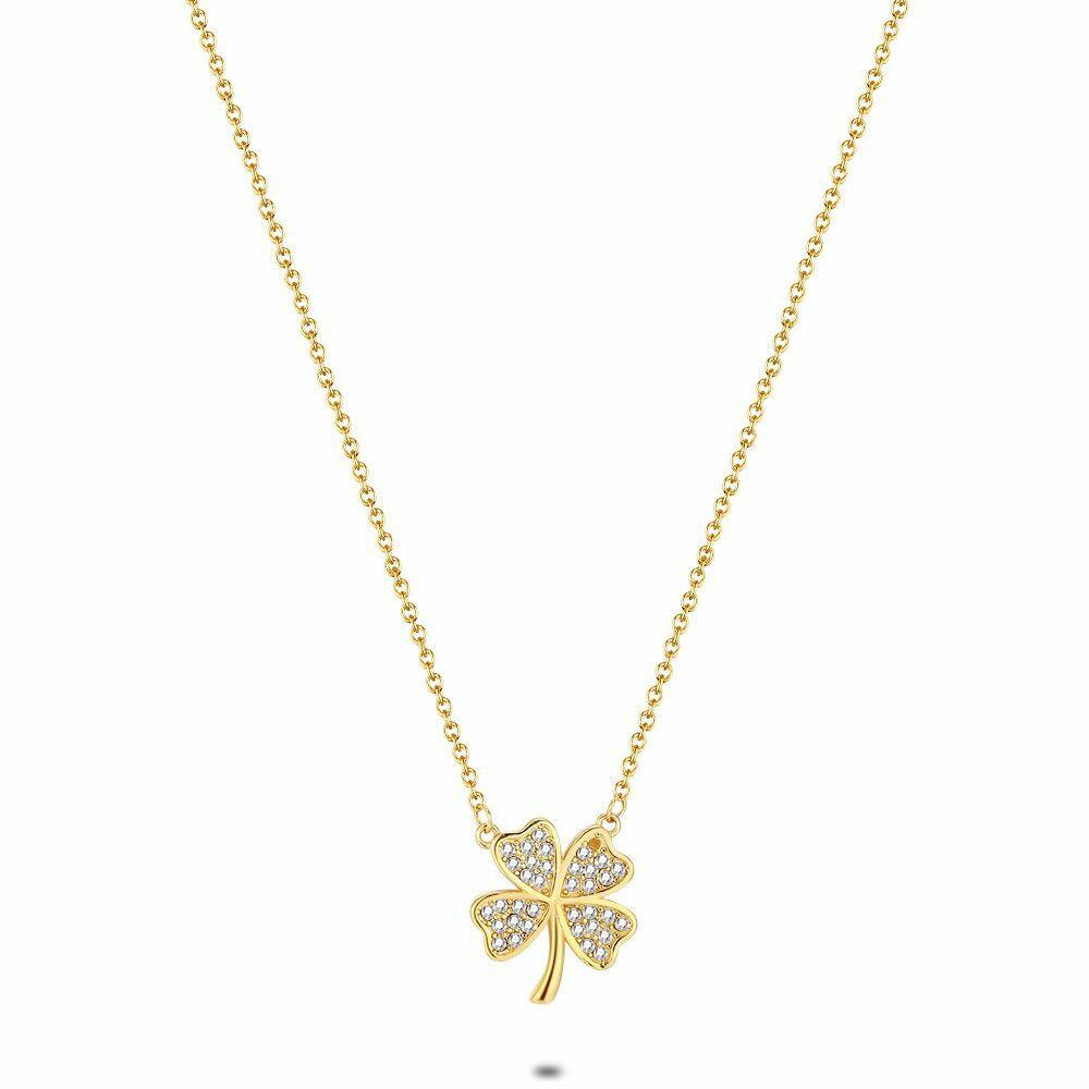 Necklaces | Necklace In Gold-Tone Stainless Steel, Clover, White Zirconia Necklaces Necklaces