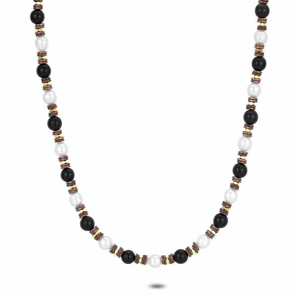 Necklaces | Necklace In Gold Tone Stainless Steel, Spheres Black Agate, White Pearls, Bronze Gold Tone Mens Mens