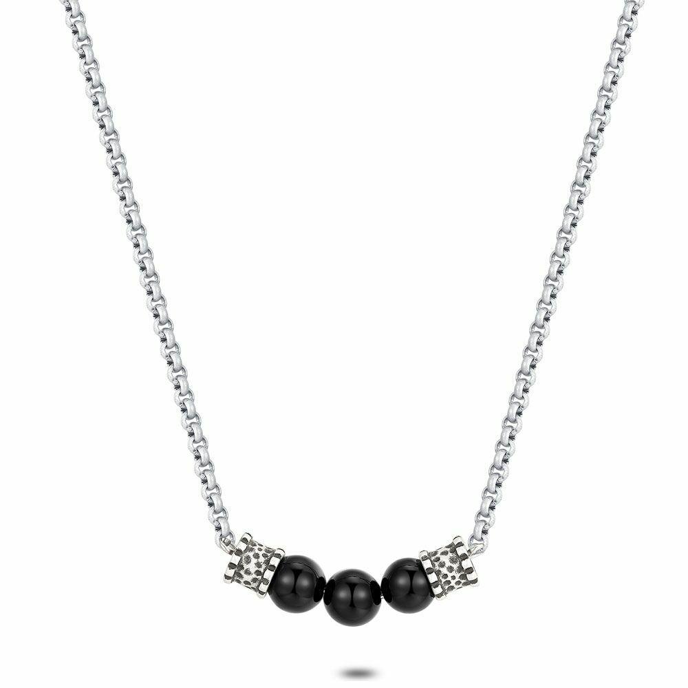 Necklaces | Necklace In Stainless Steel, Matte Forcat, 3 Spheres Black Agate Mens Mens