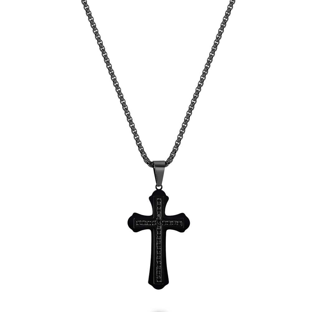 Necklaces | Stainless Steel Necklace, Black Cross With Black Crystals Mens Mens