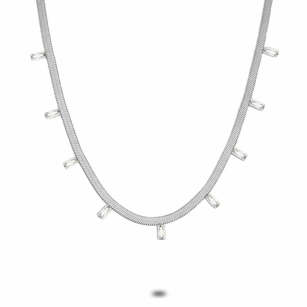 Necklaces | Stainless Steel Necklace, Flat Snake, 9 Rectangular White Zirconia Necklaces Necklaces