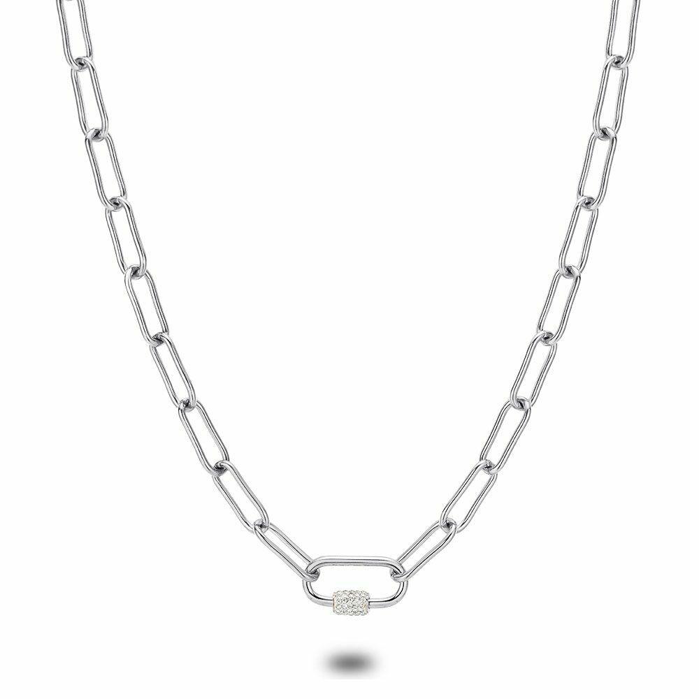 Necklaces | Stainless Steel Necklace, Oval Links, 1 Oval Link With White Crystals Necklaces Necklaces