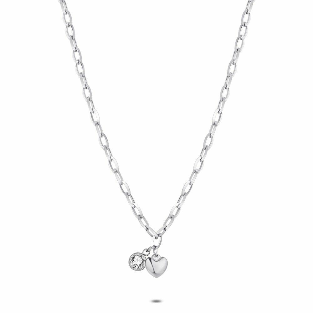 Necklaces | Stainless Steel Necklace, Oval Links, Heart, 1 Crystal Necklaces Necklaces