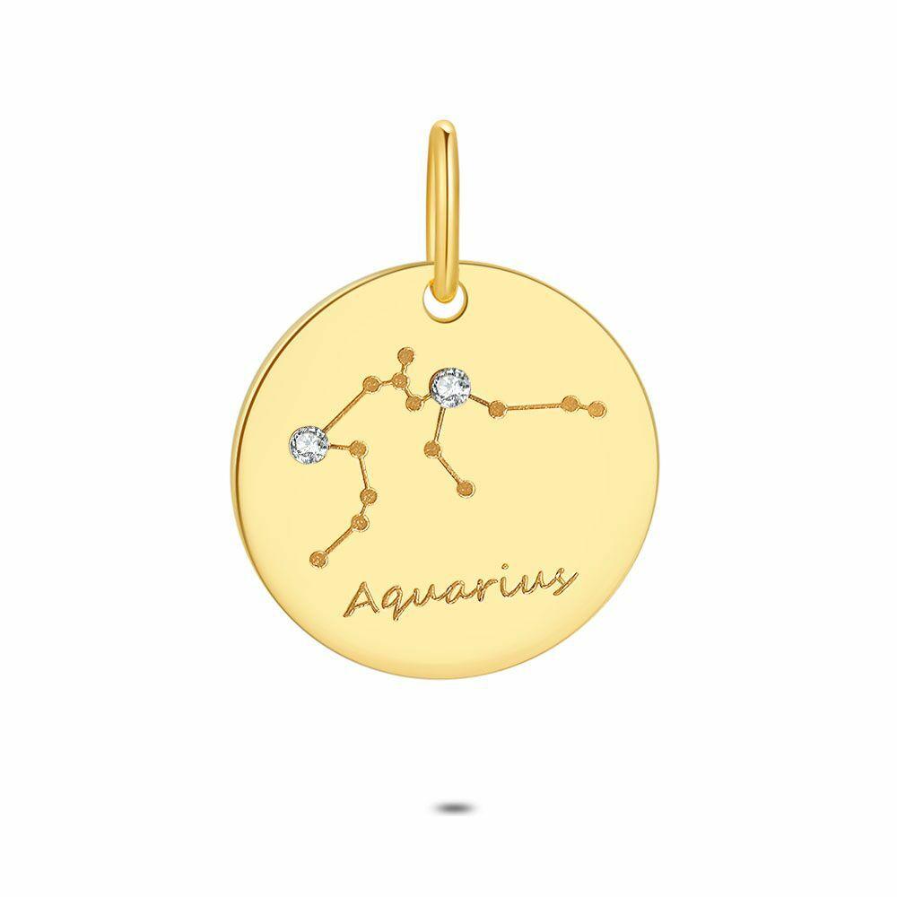 Pendants | 18Ct Gold Plated Silver Pendant, Round With Horoscope, Aquarius Pendants Pendants