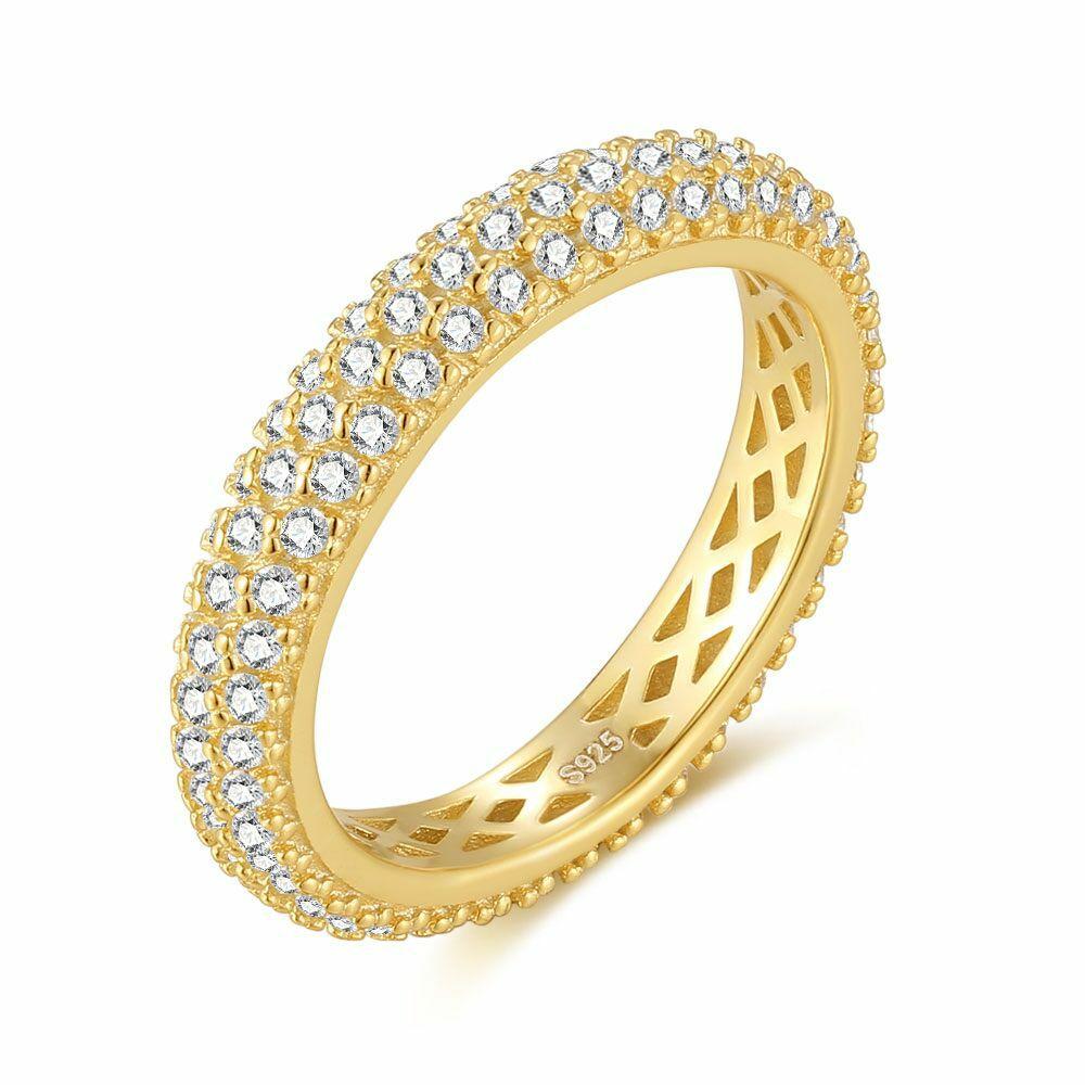 Rings | 18Ct Gold Plated Silver Ring, 3 Rows Of Stones Womens Rings