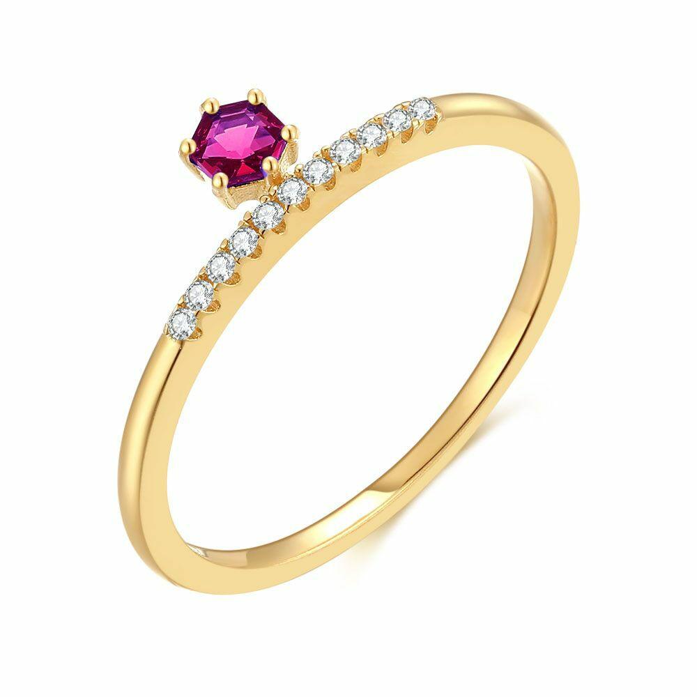 Rings | 18Ct Gold Plated Silver Ring, Fuchsia Hexagon Rings Rings