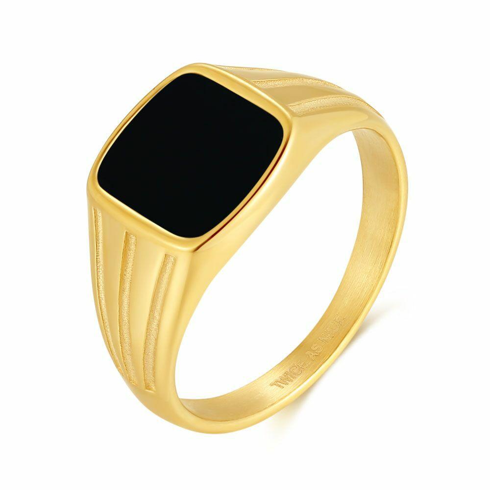 Rings | Gold-Coloured Stainless Steel Ring, Black Square Mens Mens