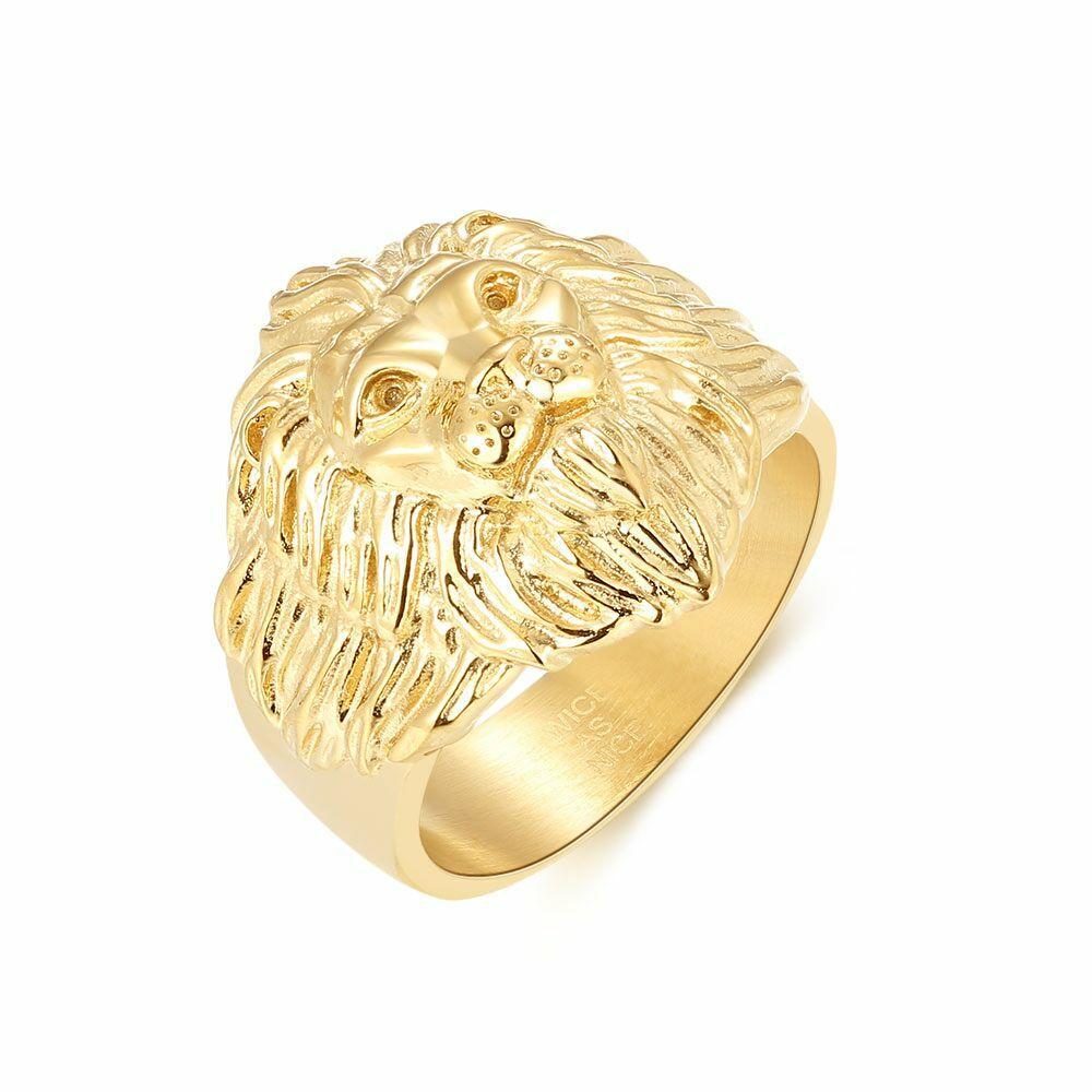 Rings | Gold-Coloured Stainless Steel Ring, Lion Mens Mens