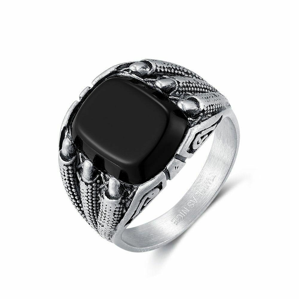 Rings | Stainless Steel Ring, Black Rectangular Stone, Black Stripes. Mens Mens