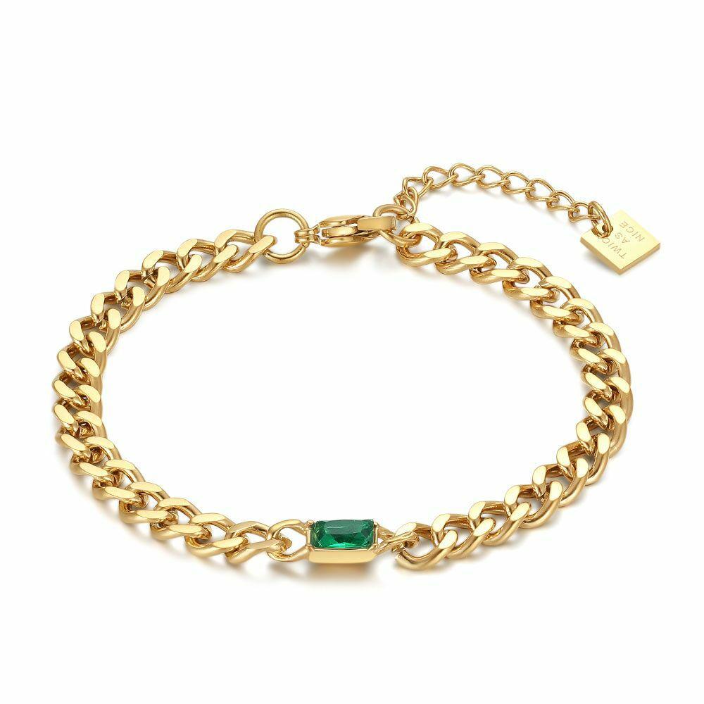 Bracelets | Bracelet In Gold-Tone Stainless Steel, Gourmet With Rectangular Green Zirconia Bracelets Bracelets