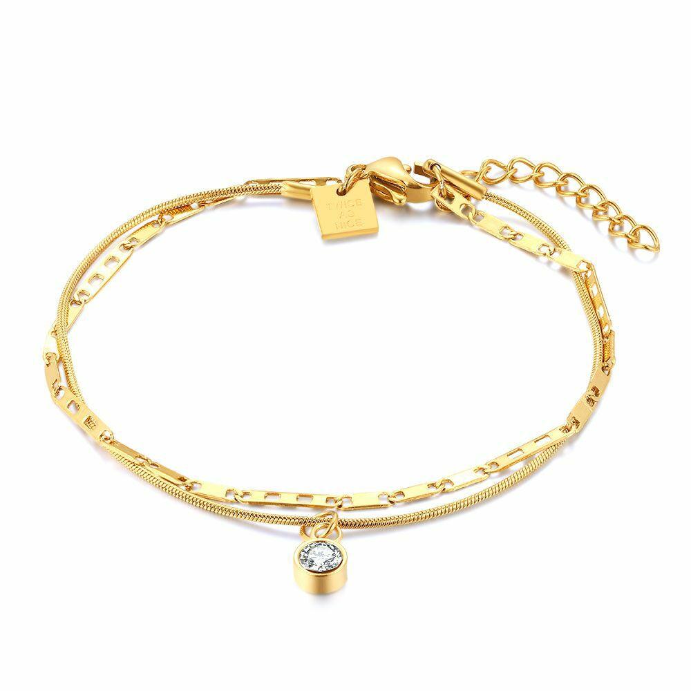 Bracelets | Gold Coloured Stainless Steel Bracelet, Double Chain, 1 Crystal Bracelets Bracelets