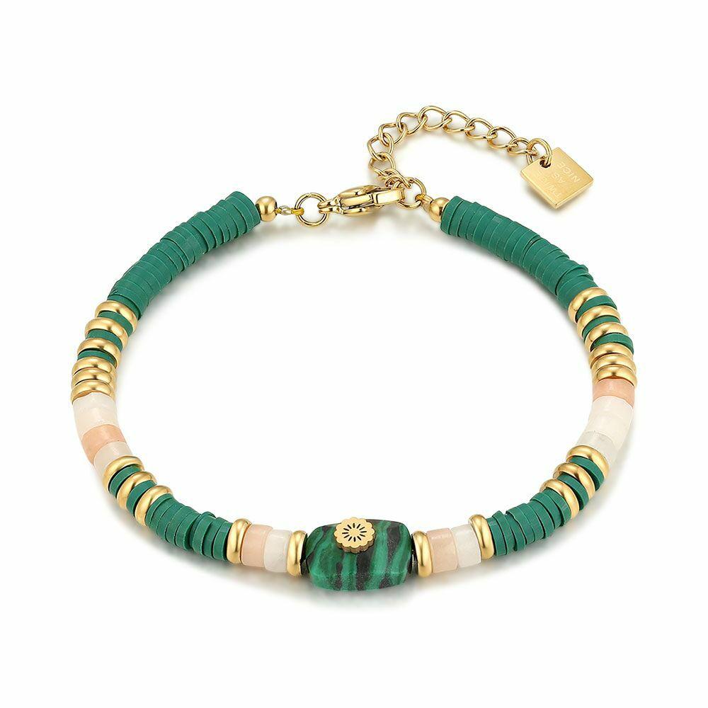 Bracelets | Gold Coloured Stainless Steel Bracelet, Green Semi-Precious Stones Bracelets Bracelets