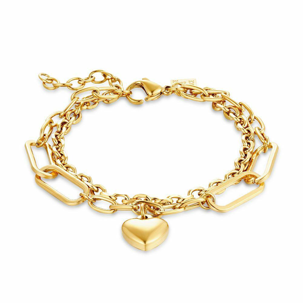 Bracelets | Gold Coloured Stainless Steel Bracelet, 2 Different Chains With Heart Pendant Bracelets Bracelets