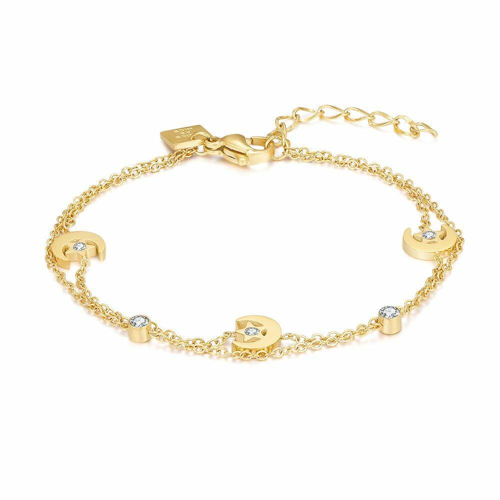 Bracelets | Gold Coloured Stainless Steel Bracelet, Double Chain, 3 Moons With Stars, Crystals Bracelets Bracelets