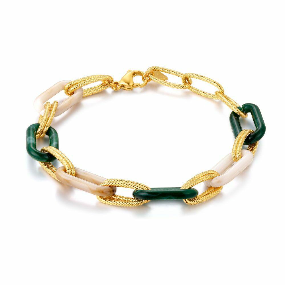 Bracelets | Gold Coloured Stainless Steel Bracelet, Gold-Coloured And Green Oval Links, Ecru Resin Bracelets Bracelets