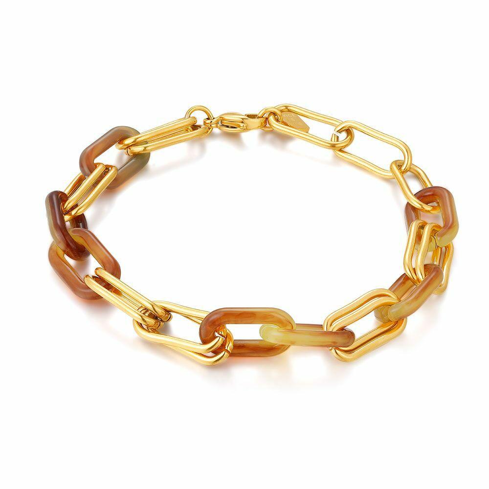 Bracelets | Gold Coloured Stainless Steel Bracelet, Oval Links, Brown Resin Bracelets Bracelets