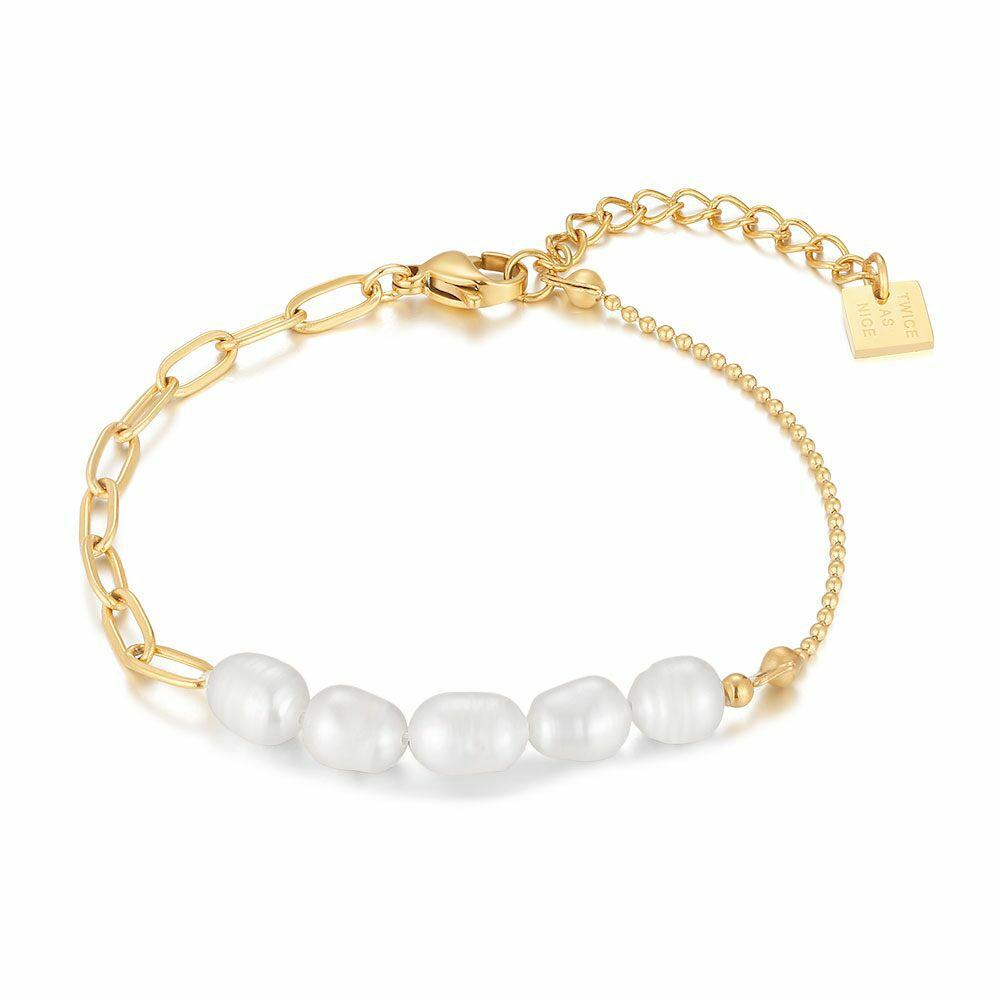 Bracelets | Gold Coloured Stainless Steel Bracelet, Oval Links, Tiny Dots, Pearls Bracelets Bracelets